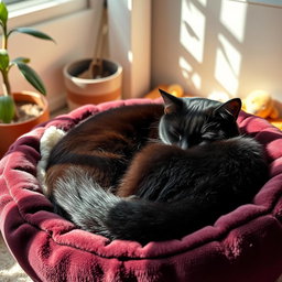 A peaceful scene capturing a black cat comfortably sleeping on a plush cat bed