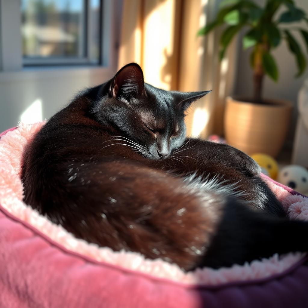 A peaceful scene capturing a black cat comfortably sleeping on a plush cat bed