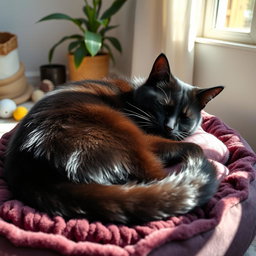 A peaceful scene capturing a black cat comfortably sleeping on a plush cat bed