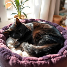 A peaceful scene capturing a black cat comfortably sleeping on a plush cat bed