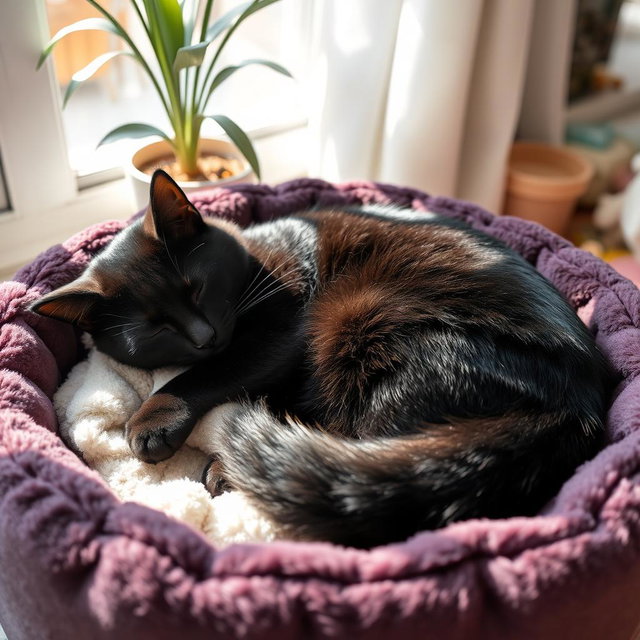 A peaceful scene capturing a black cat comfortably sleeping on a plush cat bed