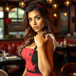 A stunning 40-year-old woman dressed as a waitress, displaying a surprised expression and looking directly at the camera