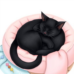 A charming drawing of a black cat peacefully sleeping on a cat bed