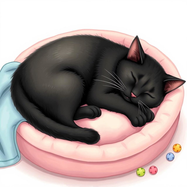 A charming drawing of a black cat peacefully sleeping on a cat bed