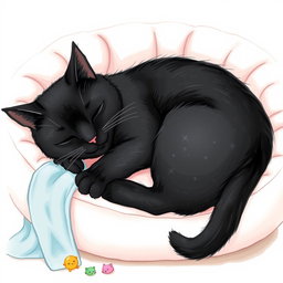 A charming drawing of a black cat peacefully sleeping on a cat bed
