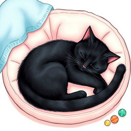 A charming drawing of a black cat peacefully sleeping on a cat bed