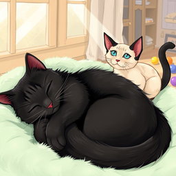 A cozy drawing portraying a black cat peacefully sleeping on a soft cat bed, while a playful Siamese cat watches nearby