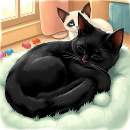 A cozy drawing portraying a black cat peacefully sleeping on a soft cat bed, while a playful Siamese cat watches nearby