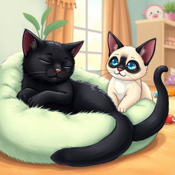 A cozy drawing portraying a black cat peacefully sleeping on a soft cat bed, while a playful Siamese cat watches nearby