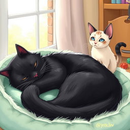 A cozy drawing portraying a black cat peacefully sleeping on a soft cat bed, while a playful Siamese cat watches nearby