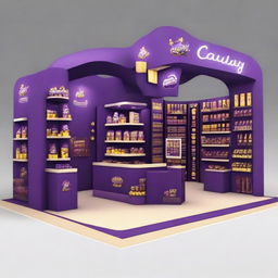 Design a 240x160x150 cm Cadbury stand, merging smart design with Ramadan allure. The stand should display Islamic-inspired shapes, glass panels, soft lighting, and shelves embellished with Ramadan lanterns, representing an innovative and indulgent chocolate experience.