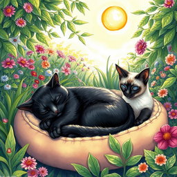 A delightful drawing depicting a black cat peacefully sleeping on a soft cat bed placed in a vibrant garden