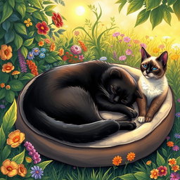 A delightful drawing depicting a black cat peacefully sleeping on a soft cat bed placed in a vibrant garden