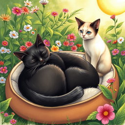 A delightful drawing depicting a black cat peacefully sleeping on a soft cat bed placed in a vibrant garden