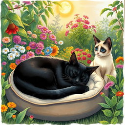 A delightful drawing depicting a black cat peacefully sleeping on a soft cat bed placed in a vibrant garden