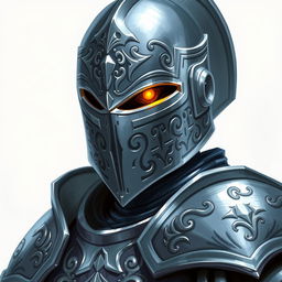 A silver-armored guard with striking golden eyes, illustrated in a Dungeons and Dragons style