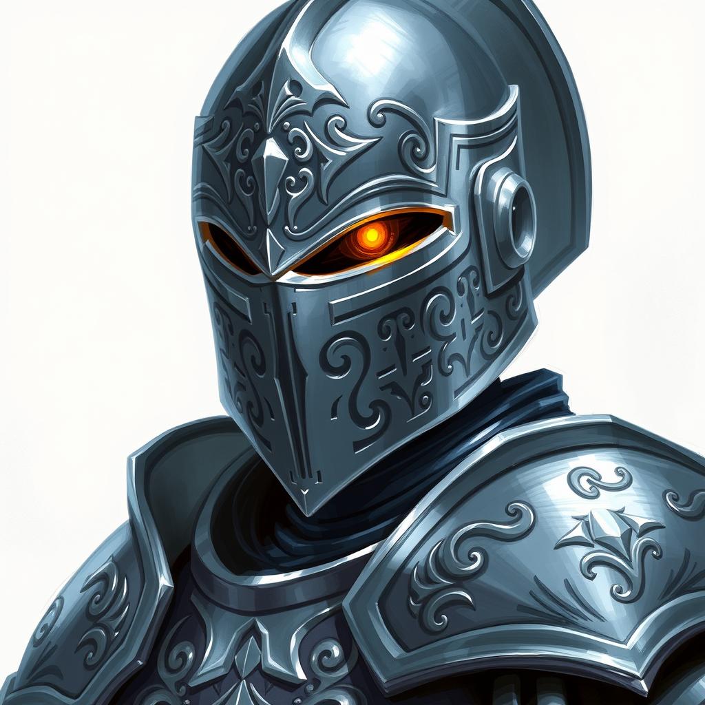 A silver-armored guard with striking golden eyes, illustrated in a Dungeons and Dragons style