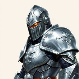 A silver-armored guard with striking golden eyes, illustrated in a Dungeons and Dragons style