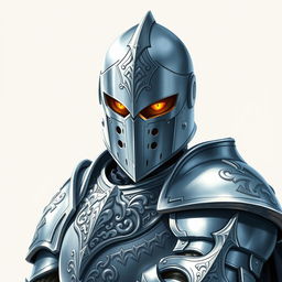 A silver-armored guard with striking golden eyes, illustrated in a Dungeons and Dragons style