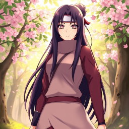 A dynamic and vibrant illustration of Hinata Hyuga from Naruto, showcasing her signature look with long, dark hair and pale eyes, wearing her traditional ninja attire
