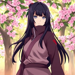 A dynamic and vibrant illustration of Hinata Hyuga from Naruto, showcasing her signature look with long, dark hair and pale eyes, wearing her traditional ninja attire