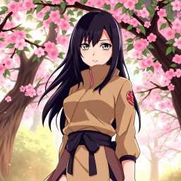 A dynamic and vibrant illustration of Hinata Hyuga from Naruto, showcasing her signature look with long, dark hair and pale eyes, wearing her traditional ninja attire
