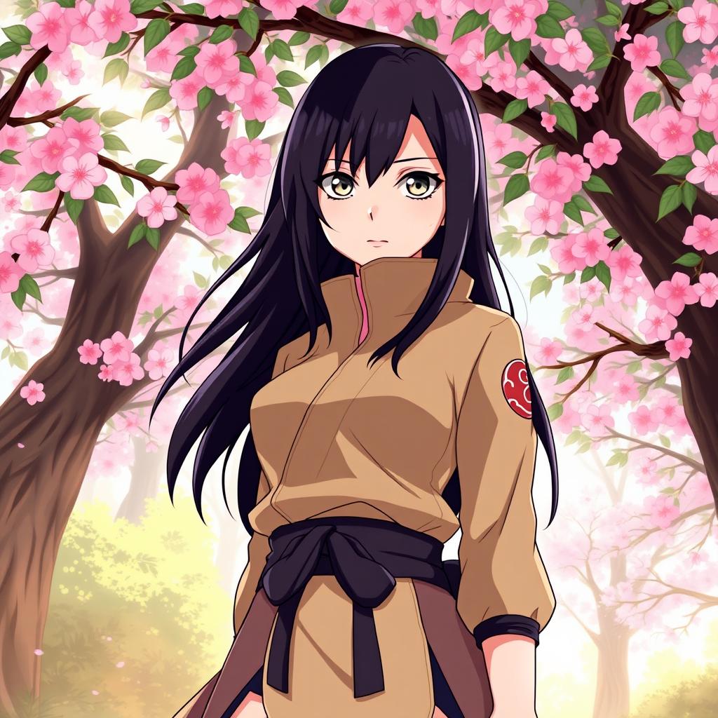 A dynamic and vibrant illustration of Hinata Hyuga from Naruto, showcasing her signature look with long, dark hair and pale eyes, wearing her traditional ninja attire