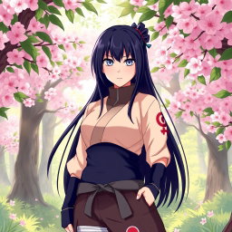 A dynamic and vibrant illustration of Hinata Hyuga from Naruto, showcasing her signature look with long, dark hair and pale eyes, wearing her traditional ninja attire