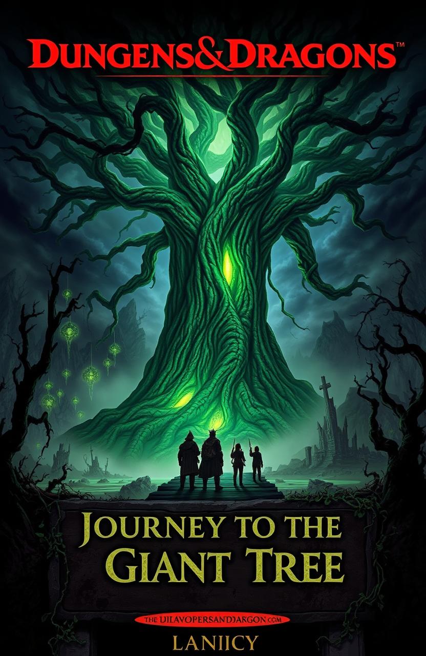 A dark fantasy Dungeons and Dragons book cover titled 'Journey to the Giant Tree'
