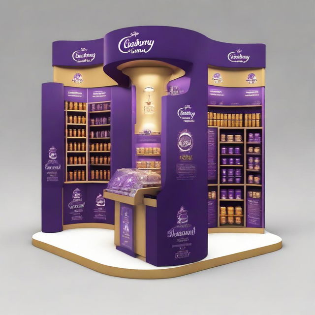 Design a 240x160x150 cm Cadbury stand, merging smart design with Ramadan allure. The stand should display Islamic-inspired shapes, glass panels, soft lighting, and shelves embellished with Ramadan lanterns, representing an innovative and indulgent chocolate experience.