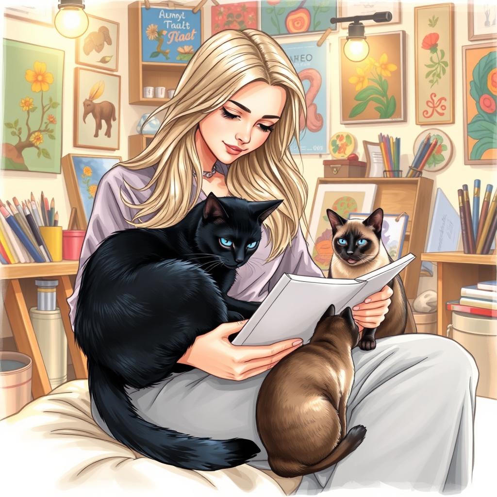 A beautiful drawing of a woman engaged in an artistic activity, sitting comfortably with a black cat and a Siamese cat beside her