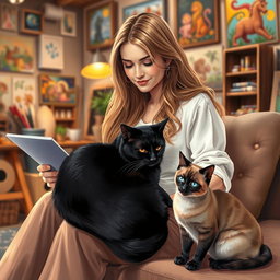 A beautiful drawing of a woman engaged in an artistic activity, sitting comfortably with a black cat and a Siamese cat beside her