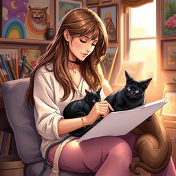 A beautiful drawing of a woman engaged in an artistic activity, sitting comfortably with a black cat and a Siamese cat beside her