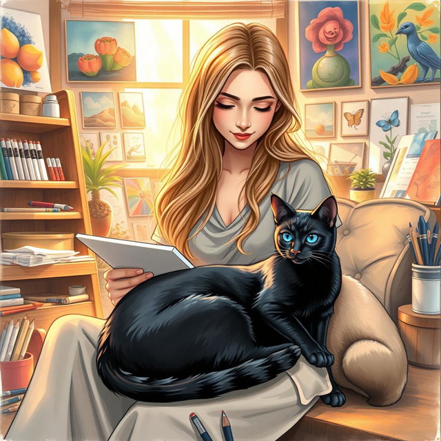 A beautiful drawing of a woman engaged in an artistic activity, sitting comfortably with a black cat and a Siamese cat beside her