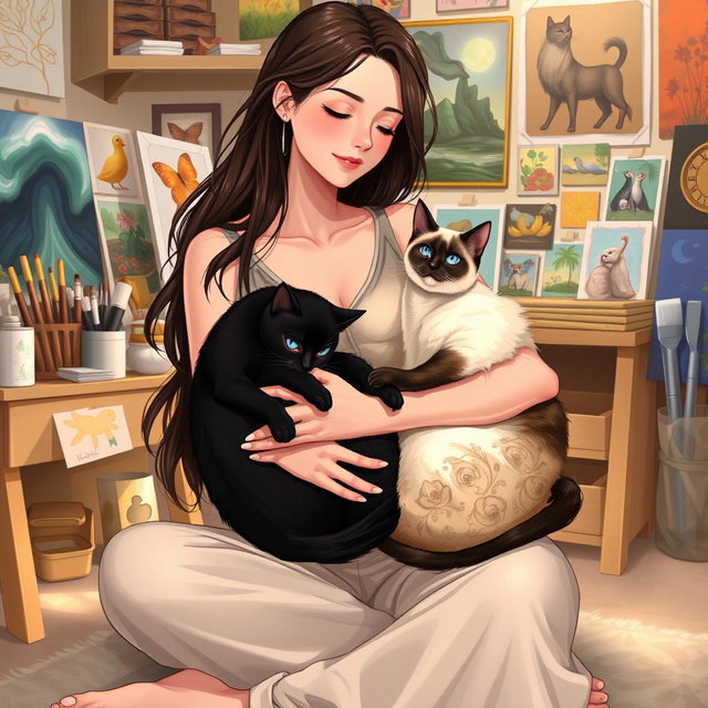 A captivating illustration of a woman sitting gracefully, holding a black cat and a Siamese cat in her arms