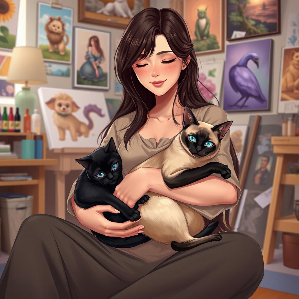 A captivating illustration of a woman sitting gracefully, holding a black cat and a Siamese cat in her arms