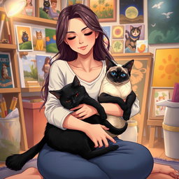 A captivating illustration of a woman sitting gracefully, holding a black cat and a Siamese cat in her arms