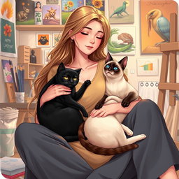 A captivating illustration of a woman sitting gracefully, holding a black cat and a Siamese cat in her arms