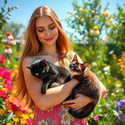 A charming scene featuring a woman in a sunny garden, holding a black cat and a Siamese cat gently in her arms