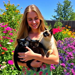 A charming scene featuring a woman in a sunny garden, holding a black cat and a Siamese cat gently in her arms