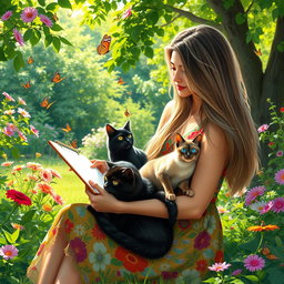 A heartwarming scene of a woman sitting in a lush garden, gently holding a black cat and a Siamese cat in her arms while drawing on a sketch pad