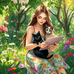 A heartwarming scene of a woman sitting in a lush garden, gently holding a black cat and a Siamese cat in her arms while drawing on a sketch pad
