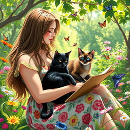A heartwarming scene of a woman sitting in a lush garden, gently holding a black cat and a Siamese cat in her arms while drawing on a sketch pad