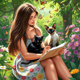 A heartwarming scene of a woman sitting in a lush garden, gently holding a black cat and a Siamese cat in her arms while drawing on a sketch pad