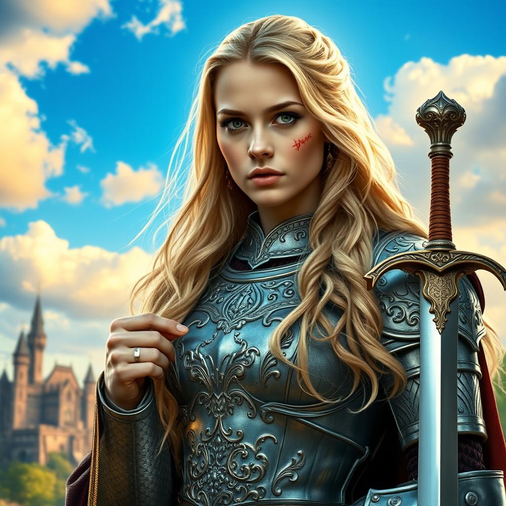 A striking portrait of Queen Meve, a young and beautiful medieval queen with long, flowing blonde hair, standing strong and resolute