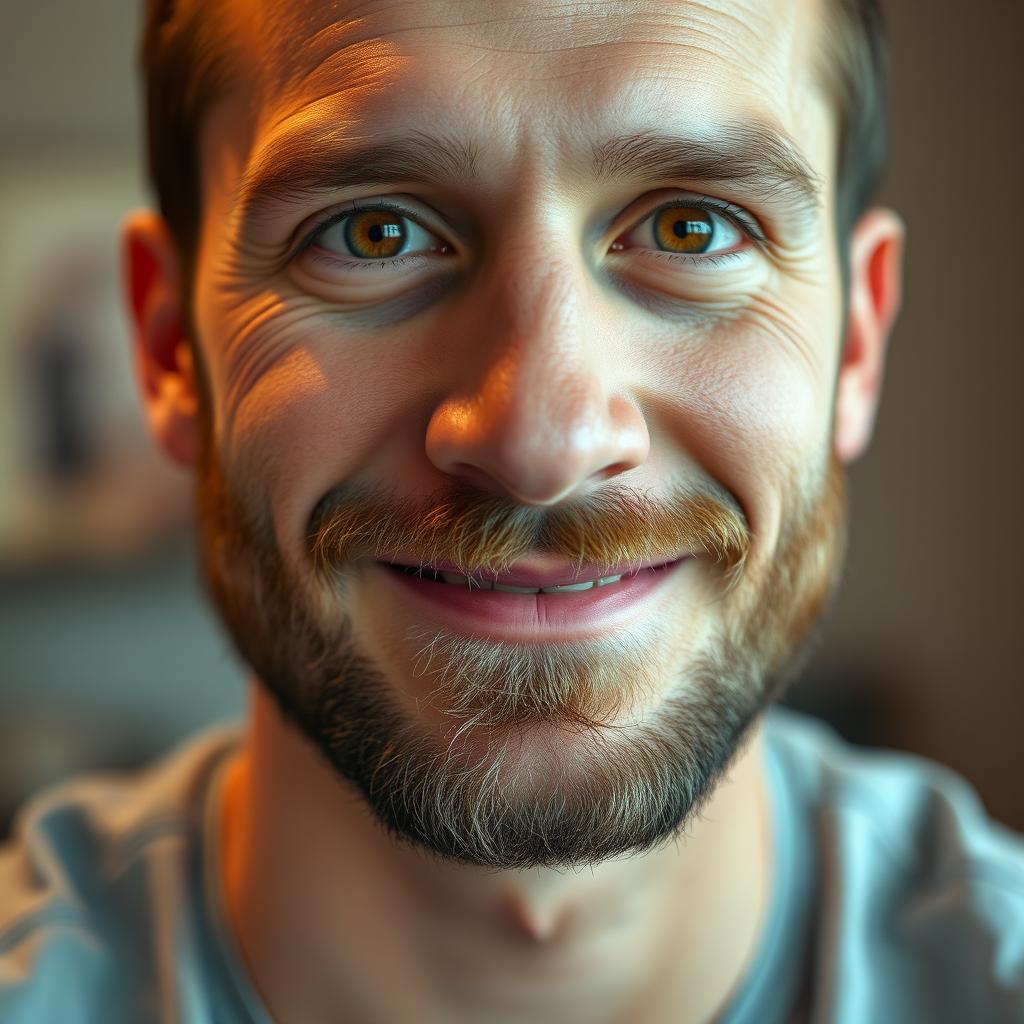 A realistic close-up of a man with a small, neatly trimmed beard