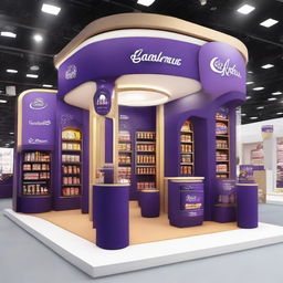 Design a 240x160x150 cm Cadbury stand, merging smart design with Ramadan allure. The stand should display Islamic-inspired shapes, glass panels, soft lighting, and shelves embellished with Ramadan lanterns, representing an innovative and indulgent chocolate experience.