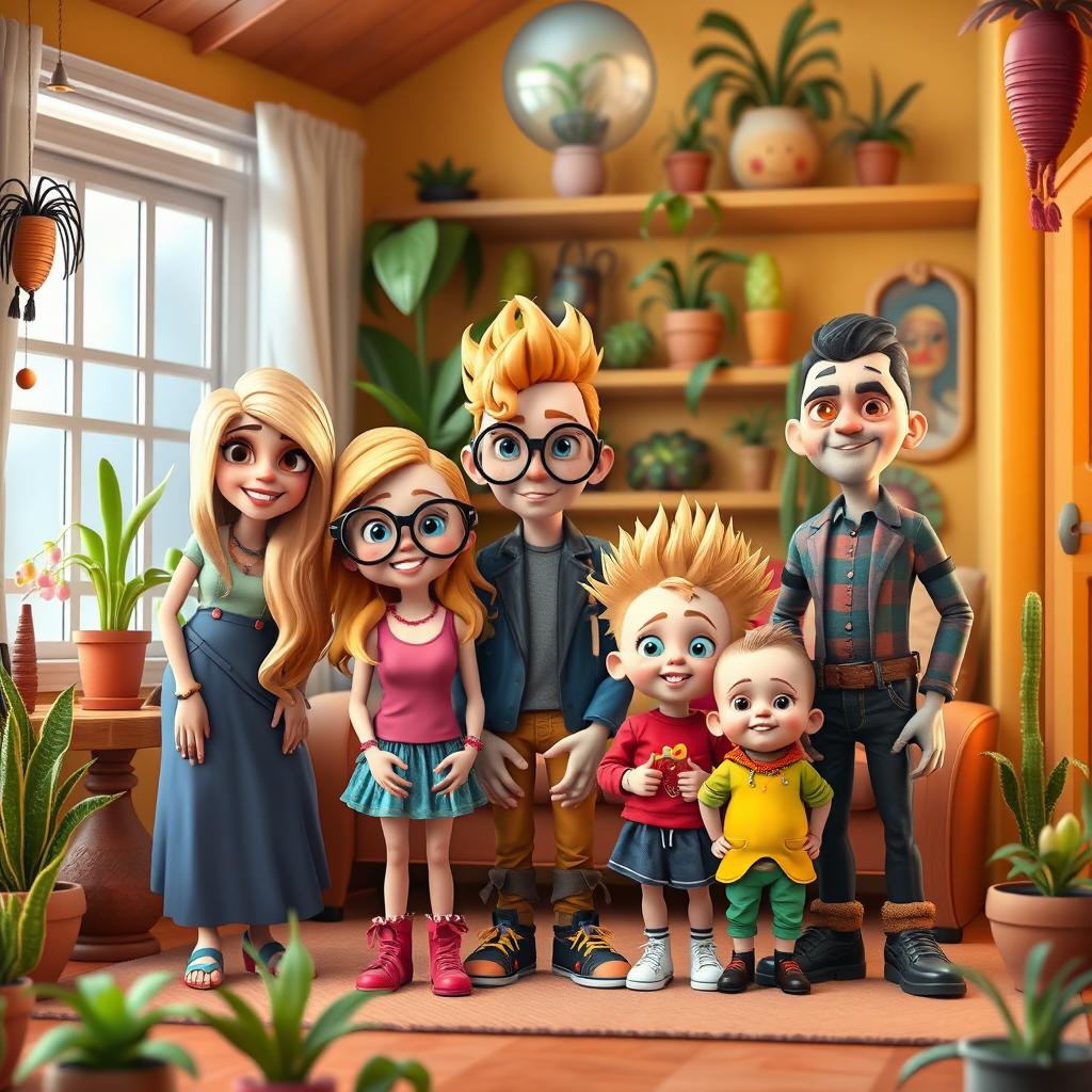 A whimsical depiction of a cult family inspired by The Sims 4 style, featuring cartoonish characters with exaggerated features