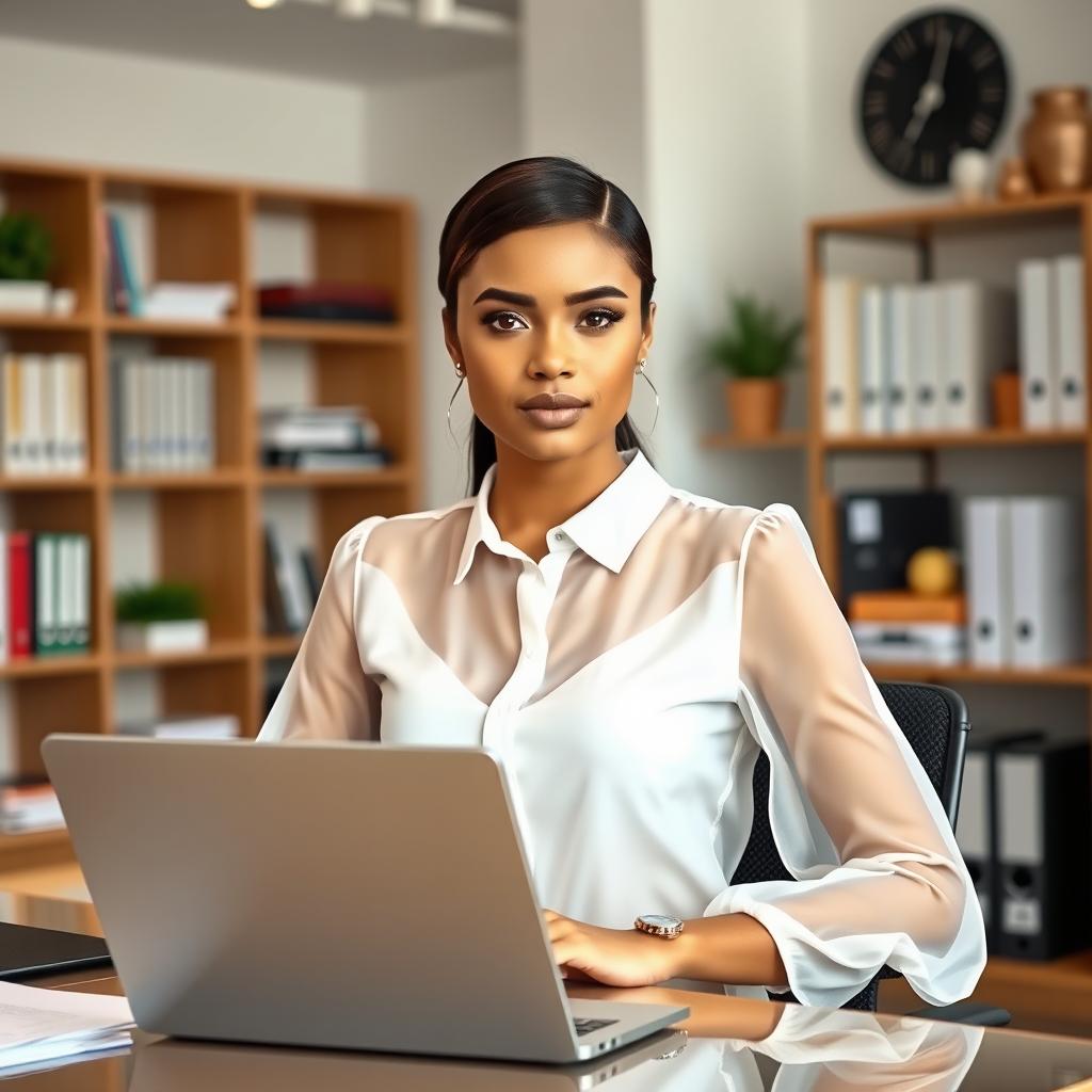 A young secretary in an office setting, wearing a stylish, white, long-sleeve transparent blouse that showcases her confidence and professionalism