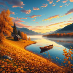 A stunning and vibrant illustration depicting an enchanting autumn landscape at sunrise, with golden leaves covering the ground, a tranquil lake reflecting the colorful sky, and gentle hills in the background